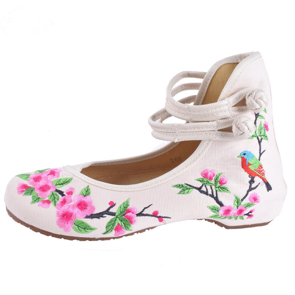 Lazutom Women's Begie Lady Vintage Embroidery Chinese Comfort Canvas Ballet Flats