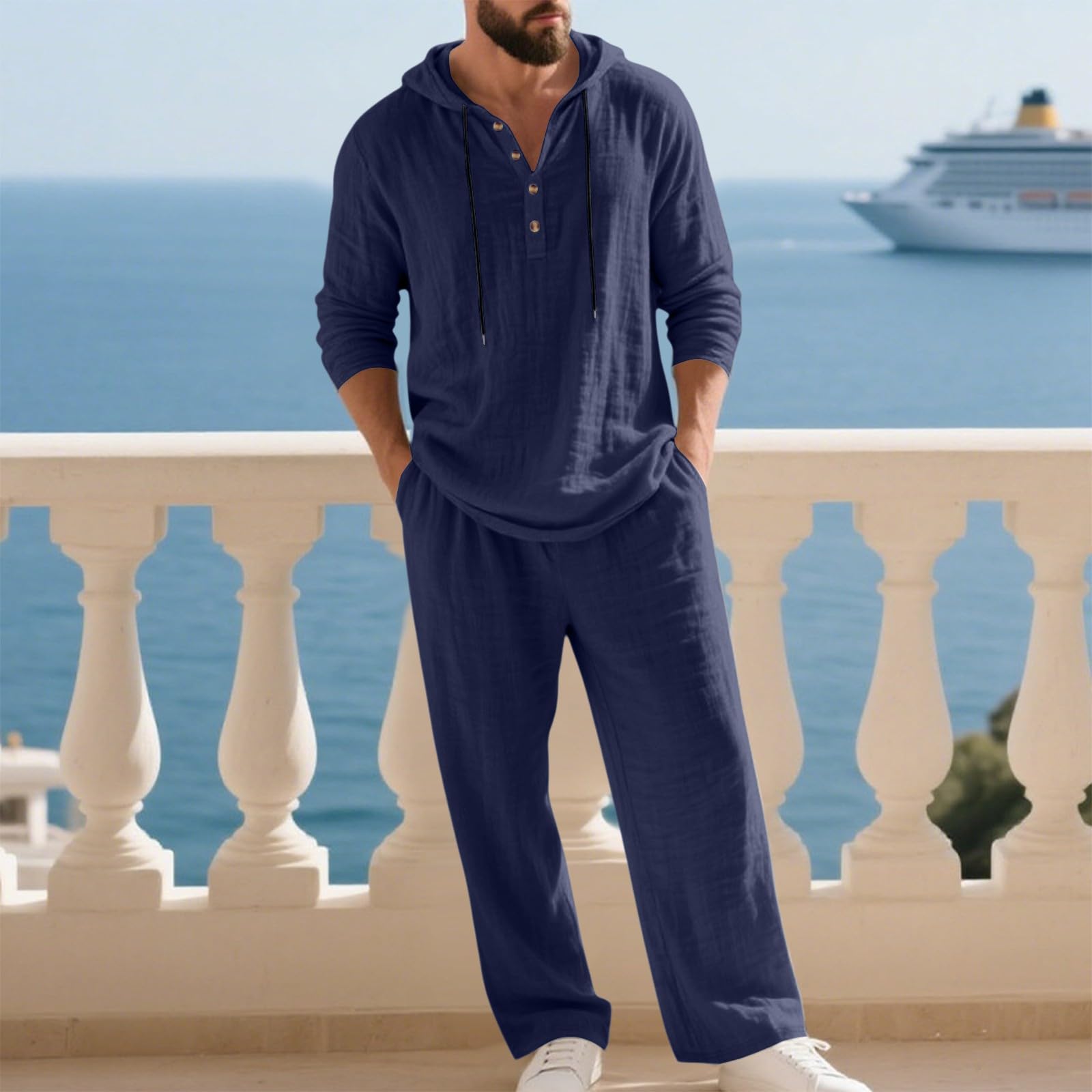 Ensemble Lin Homme 2 Pièces Été,T-Shirt À Capuche Et Pantalon Tenues D'Été Manches Longues Ensemble Jogging Homme Chemise Boutonnée Survêtement Ensembles Streetwear Loisirs Confortable
