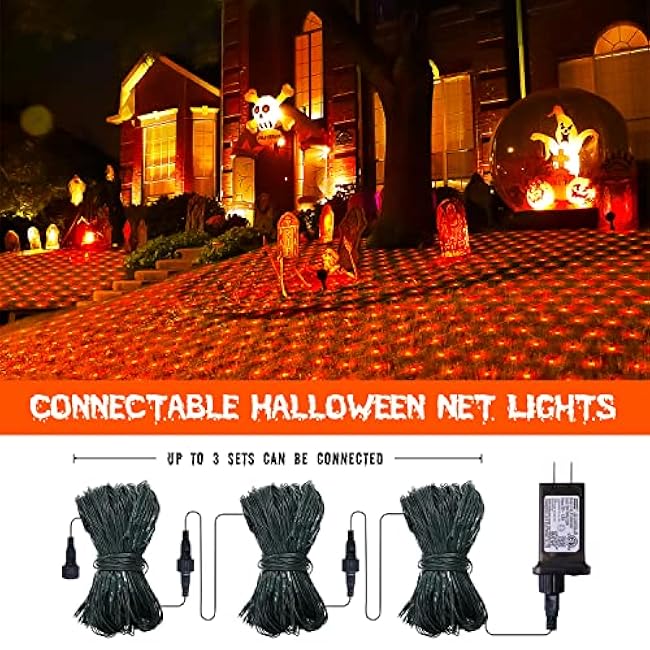 JMEXSUSS 360 LED 12ft x 5ft Halloween Net Lights, Connectable Orange Net Lights Outdoor Mesh Light with Remote, 8 Modes Plug in Orange Bush Light for Bushes Shrubs Halloween Decorations