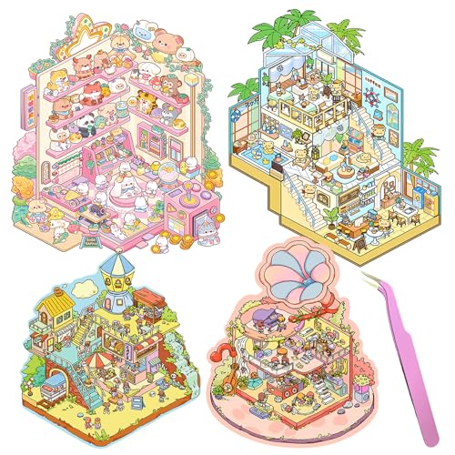 DIY Large 3D House Stickers with Tweezers Kit 4 Sets Non-Toxic & Safe 3D Miniature Scene Therapy for Kids and Adults, Stress Relief Sticker Scenes, Reusable DIY Sticker Therapy Kit for Age 4+