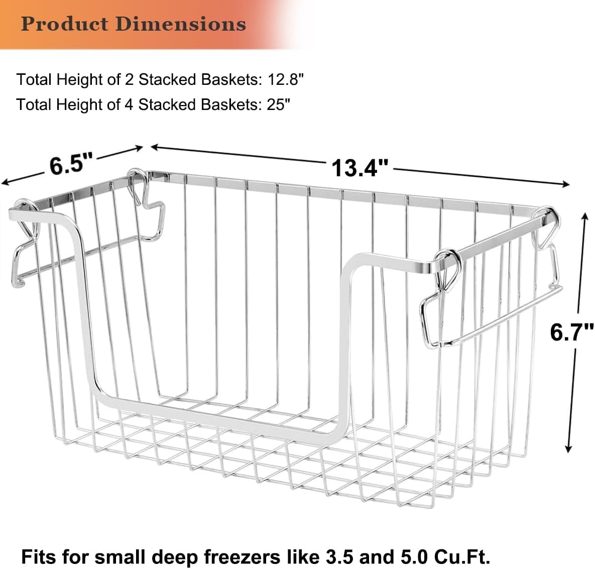 Orgneas Stacking Freezer Organizer Bins for 5.0Cu.Ft Chest Freezer, Small Stackable Chest Freezer Baskets Metal Wire Kitchen Pantry Storage Open Front Deep Freezer Bins with Foldable Handles, Set of 4