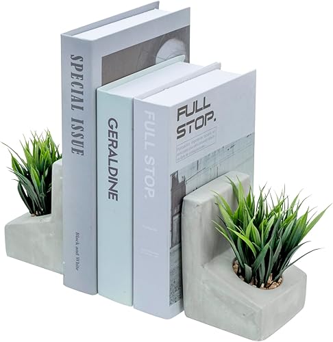MyGift Sujetalibros modernos de hormigón gris en forma de L con plantas de césped verde artificial, soportes decorativos resistentes para libros de