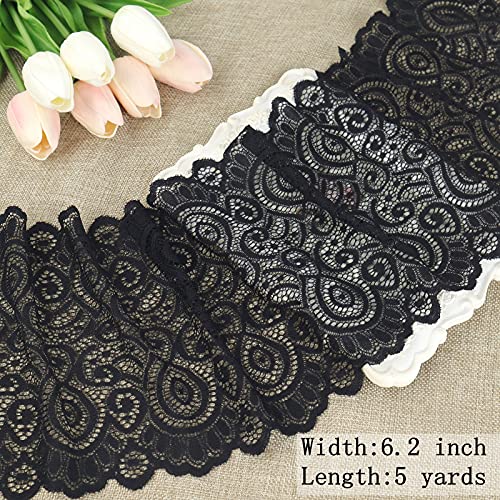 Idongcai Black Wide Elastic Lace Trim For Sewing Lace Ribbon Lace Fabric By The Yard Stretch Lace Trim (Black, 6.2 Inch×5 Yards) #TOP1