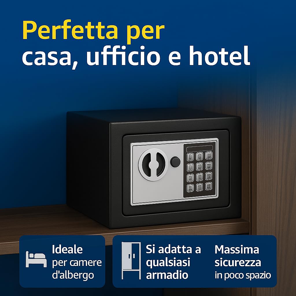 Utilia Security Cassaforte Elettronica 23×17×17 cm, combinatore digitale con chiave, 2 catenacci Ø15 mm, acciaio verniciato, fissaggio a muro/armadio, avviso batteria.