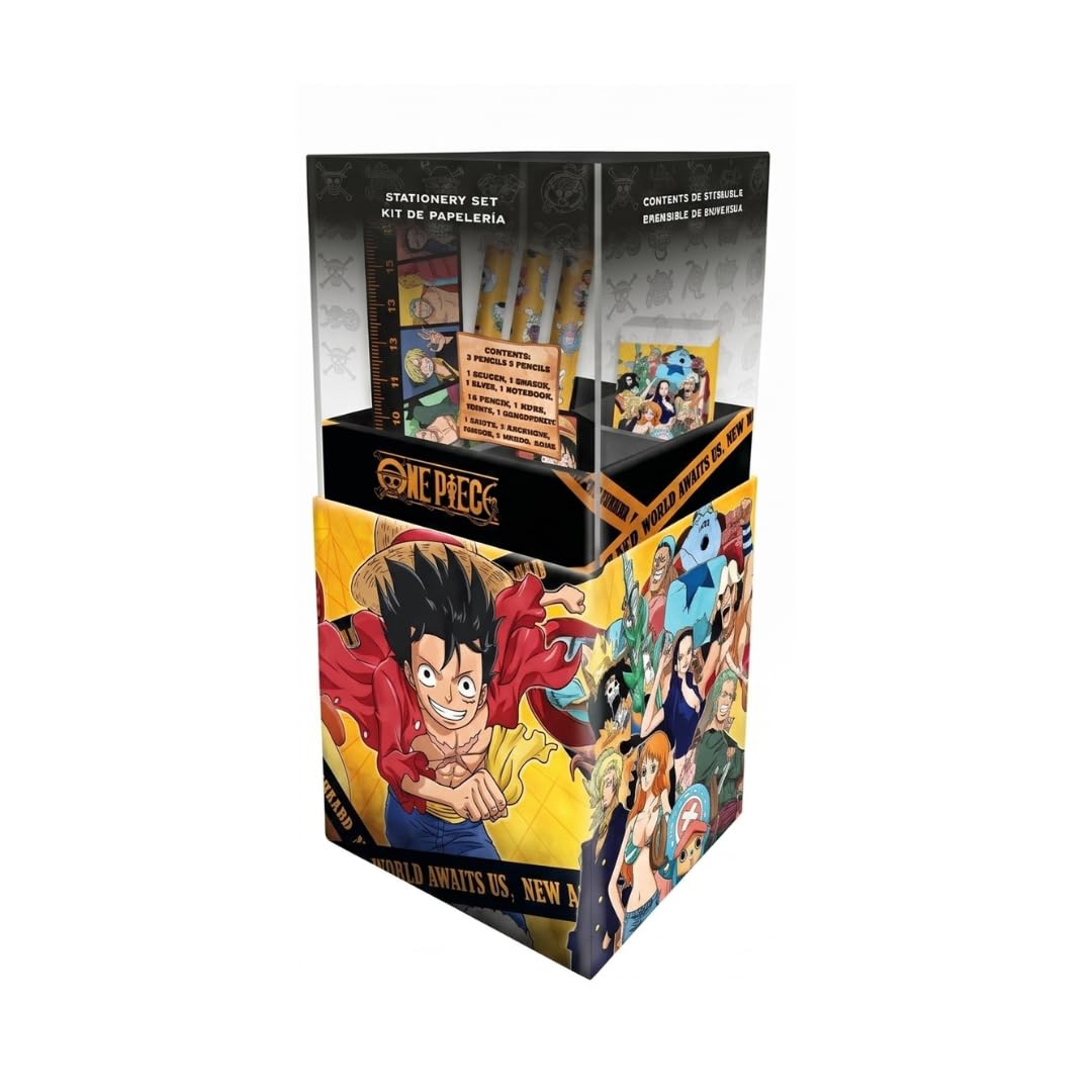 My sweety pop | Set di articoli per la scrittura One Piece 7 pezzi | Kit di articoli scolastici per bambini con portamatite, gomma, righello, temperamatite e 3 matite | Idea regalo per anniversario