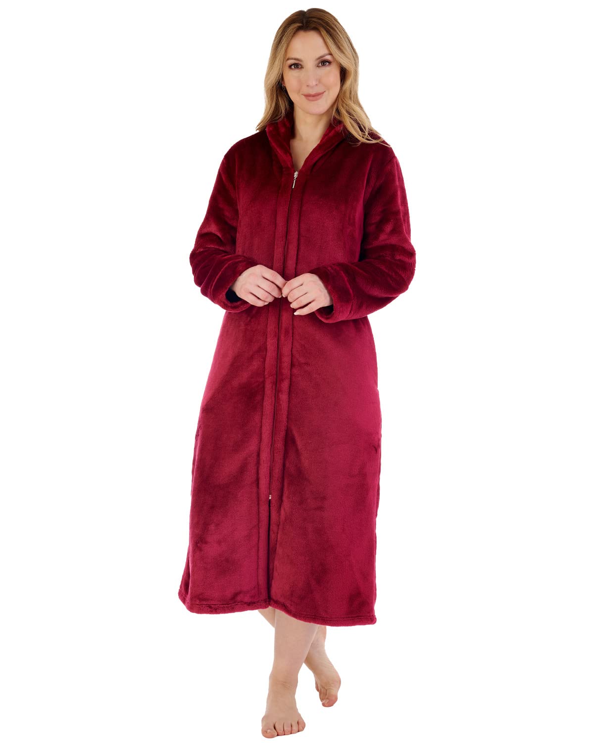 Slenderella Ladies Luxury Zip Up Collar Dressing Gown Thick Flannel Fleece Bath Robe XXL (Raspberry)