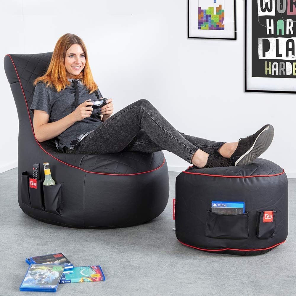 Gamewarez Crimson Hurricane Sitzsack – Gaming-Sitzsack Indoor und Outdoor geeignet mit Rückenlehne, ideal für PS5, Nintendo & Xbox Spieler, mit Seitentasche, Kunstleder, Made in Germany, schwarz-rot