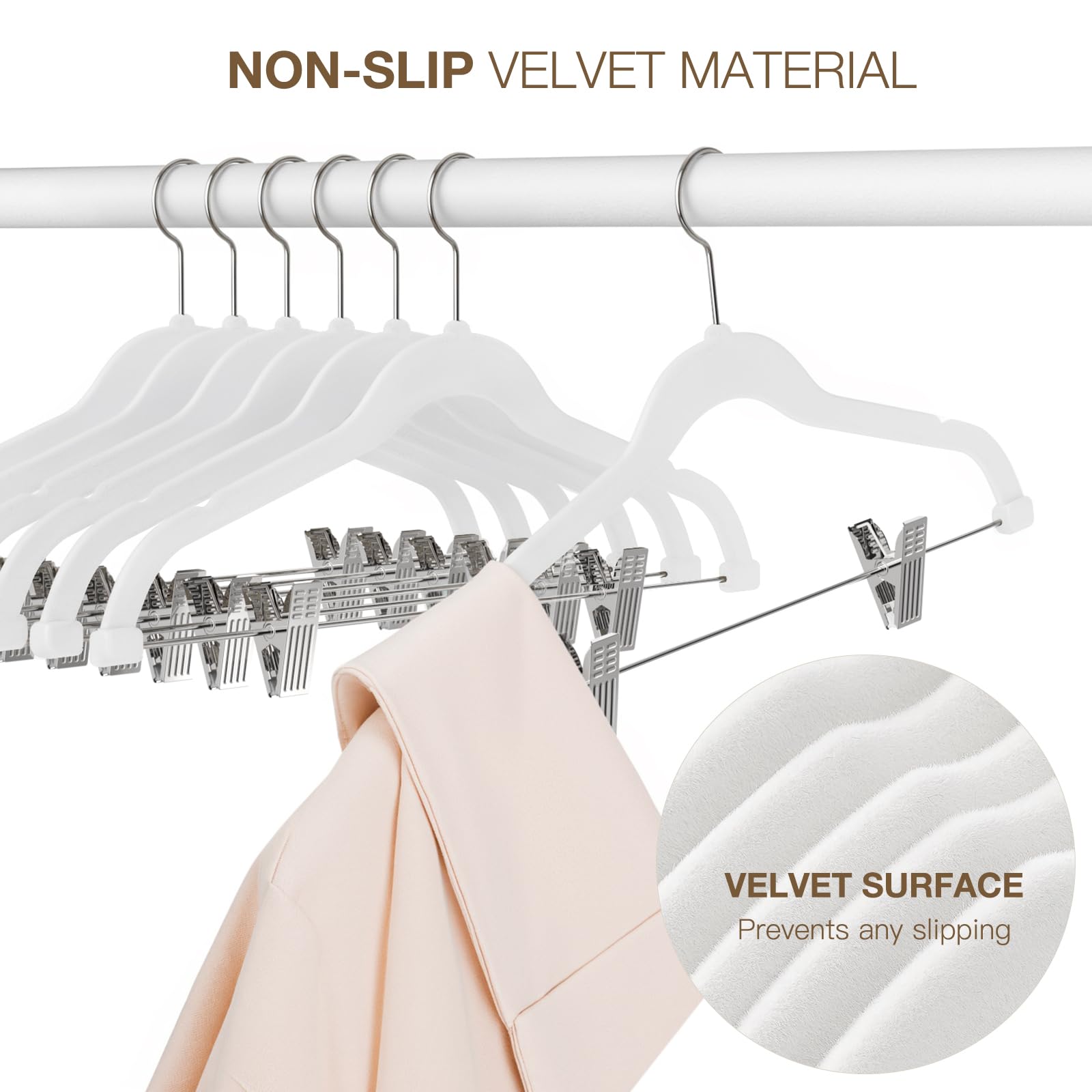 Korpai Kleiderbügel aus weißem Samt mit Clips, verstellbar, für Erwachsene, Kleiderbügel, strapazierfähig, Filz, rutschfest, platzsparend, für Hosen, Röcke, Anzüge, Mäntel, Kleider usw.