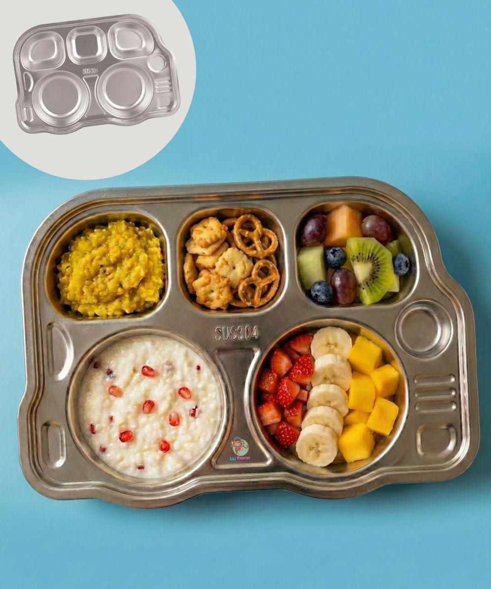 Stainless Steel Divided Plate for Kids & Toddlers, Multi-Section Meal Tray for Breakfast, Lunch & Dinner, Kid-Friendly Attractive Bus Shape, Mess-Free Eating Plate-image-20