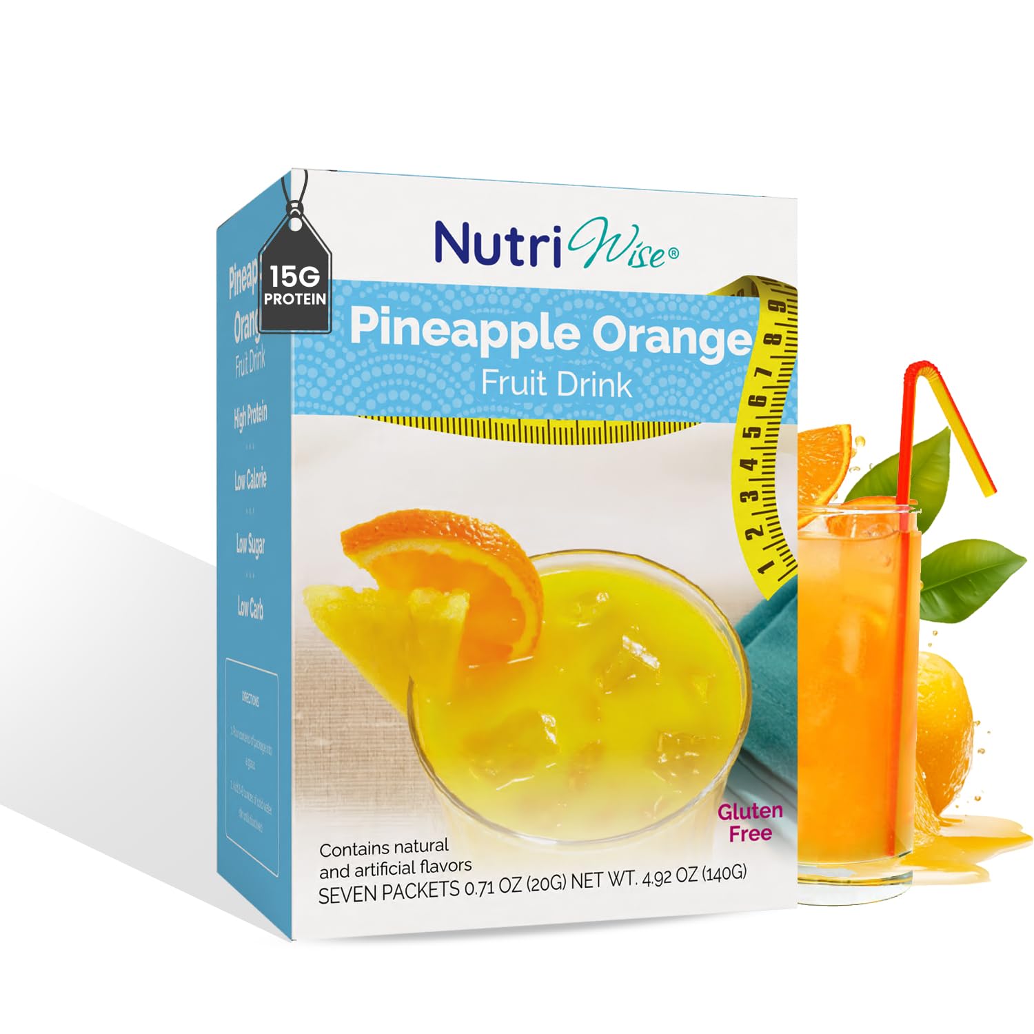 Bebida fría instantánea NutriWise con alto contenido proteico | Piña y naranja | 15 g de proteína, compatible con la dieta keto para controlar el hambre | Sin gluten, cero grasas, bajo en azúcar, bajo en calorías | 7 por caja