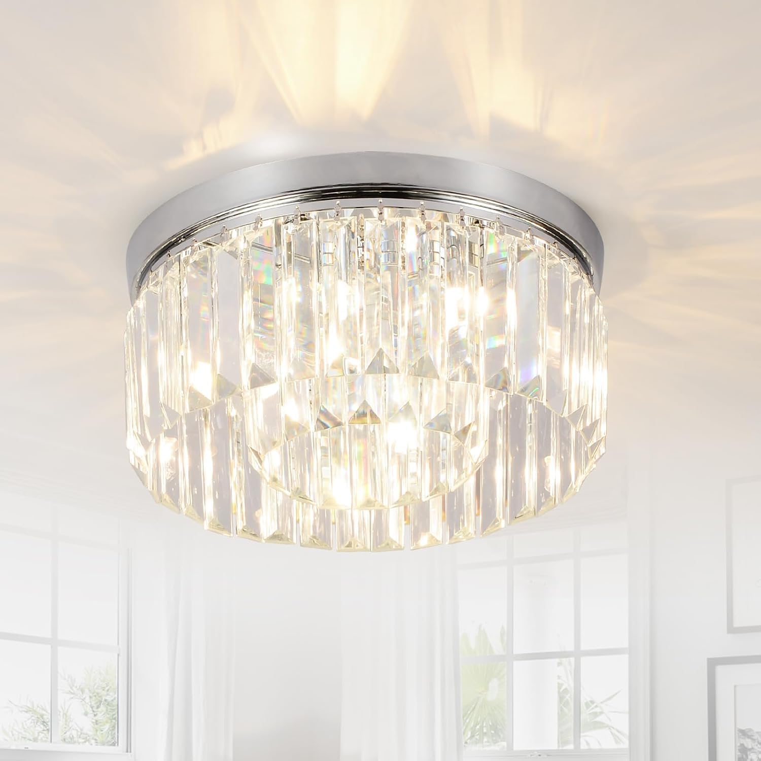 Rayofly Modern Crystal Chandeliers Ceiling Light, Chrome Flush Mount Ceilings Lighting with Glass Droplets, G9 LED, Elegant Chandelier Lamp Shade for Living Room, Dining Room, Bedroom, Bathroom, Hall