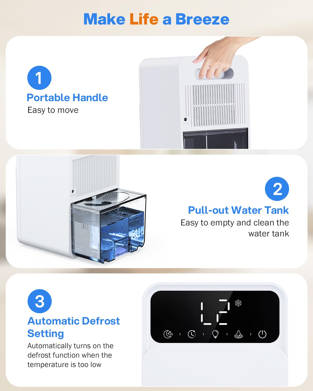 Déshumidificateur d’air électrique 1500mL – avec minuterie, dégivrage auto, arrêt auto, silencieux, 7 lumières LED – pour salle de bain, armoire, chambre à coucher