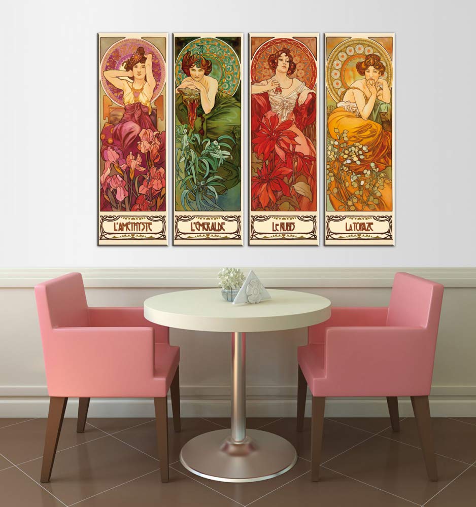 1art1 Alphonse Mucha Poster Die Vier Edelsteine, 1900, 4-Teilig Bilder Leinwand-Bild Auf Keilrahmen | XXL-Wandbild Poster Kunstdruck Als Leinwandbild 120x90 cm