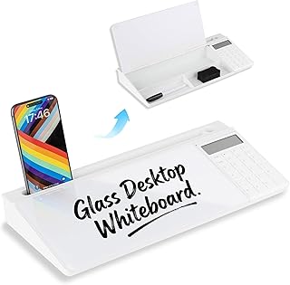 Glass Desktop Whiteboard with Calculator & Storage, Desk Dry Erase Note Memo Board, Compact Desk Organizer for Desk, Home, Study, Office, Back to School Supplies, White, 2026