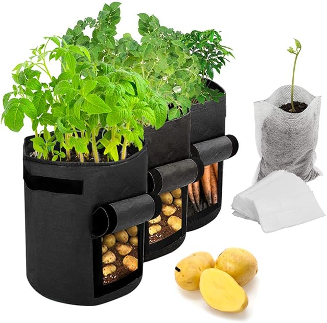 Maylove Potato Grow Bags Aeration Non-woven Fabric Pots Plant Bags w/Handles Garden Vegetable Growing Bags with 50 Pcs Plant Seedling Bags (Black Color, 3pack - 10Gallon)