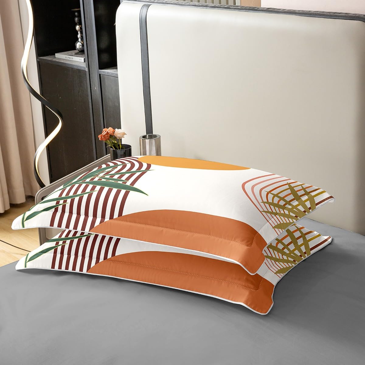 Homewish Geometryczne liście bawełniana poszewka na kołdrę pojedyncza dla dzieci chłopców dziewcząt, pomarańczowa poszewka na kołdrę, botaniczny minimalistyczny zestaw pościeli, abstrakcyjny