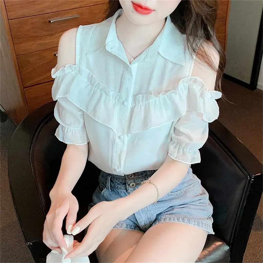 Elegante risvolto volant oversize manica a sbuffo camicia in chiffon top estivi camicetta donna allentata
