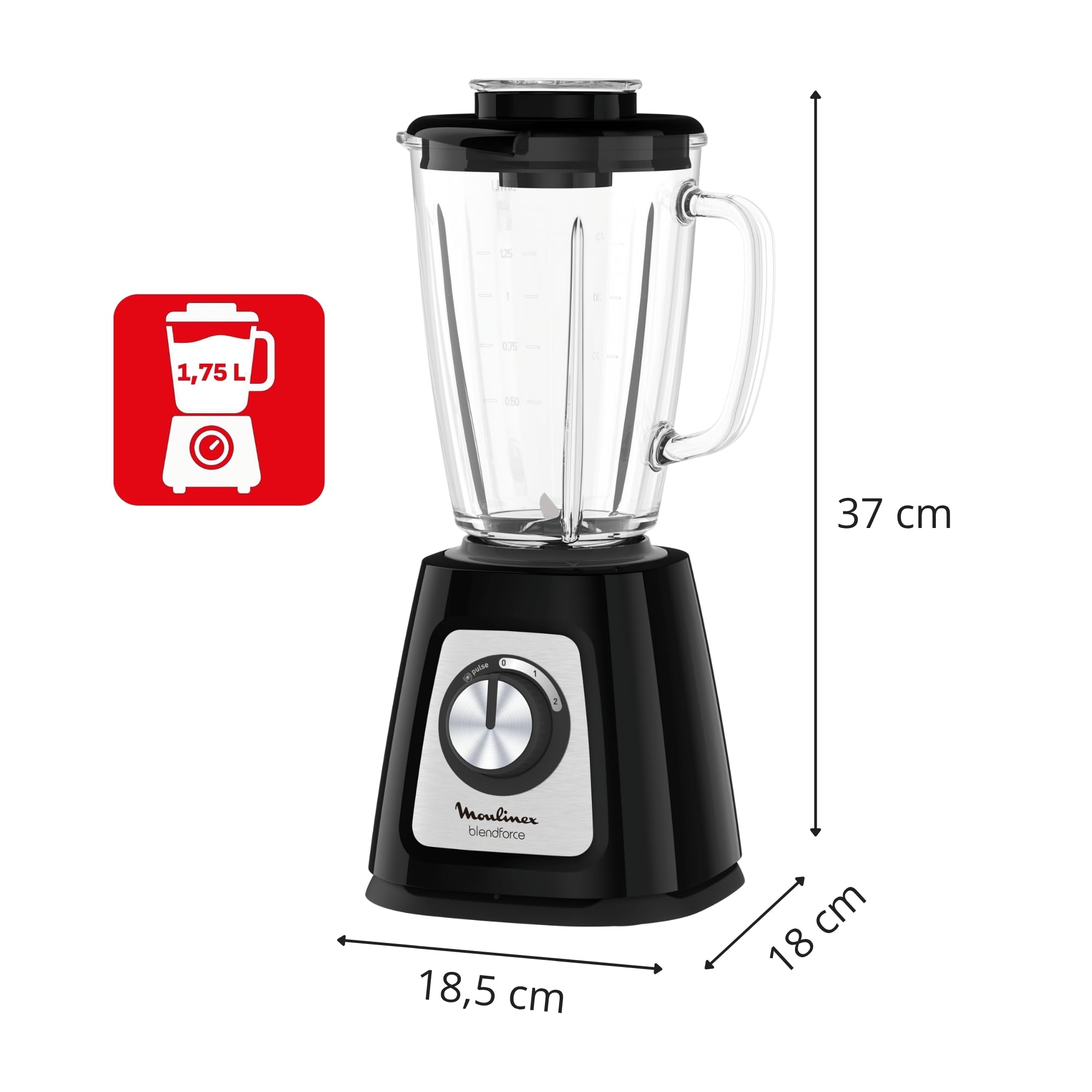 Moulinex Blender Blendforce, 800W, 2 Vitesses + Fonction Pulse, Capacité 1,75 L, Nettoyage facile, Mixage jusqu'à 3min en continu, Noir, LM430810