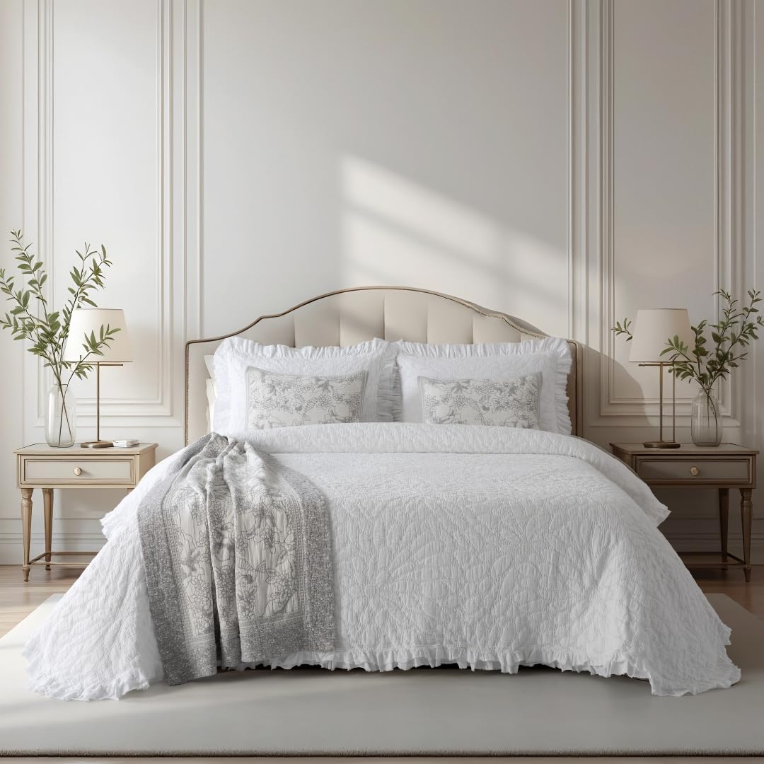 Colcha Blanca con Flores 100% Algodón Stone Wash - Colchas 180x260 cm para Cama 90x200 cm - Sofisticación y Comodidad para el Hogar