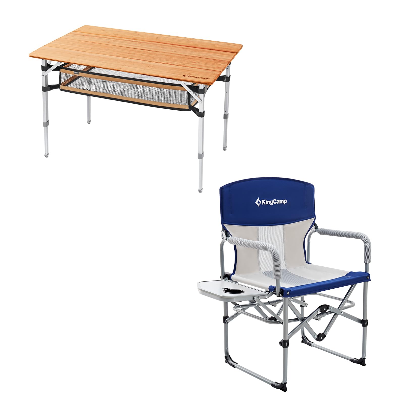 KingCamp Bamboo Folding Table with Storage Mesh Layer & Folding Camping Chair Heavy Duty Director's Seat for Adults Outside