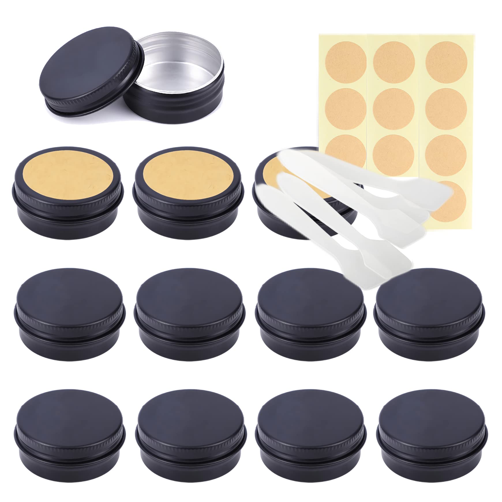 LusDoly Pack of 30 Empty 15ml Matte Black Aluminium Tins with Lids - Ø41x17mm Aluminum Screw Pots Travel Round Cosmetic Cream Container Jars for Candle Lip Balm, Salve, with Spatulas & Labels