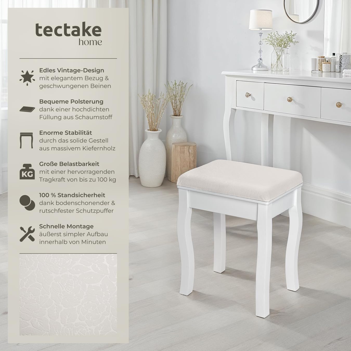 tectake® Schminkhocker, Schminktisch Stuhl, Hocker als Schminktisch Zubehör oder Klavierhocker, Schminkstuhl für Dressing Table, Vanity Table, Vintage Deko Aesthetic - 40x30x51cm, weiß