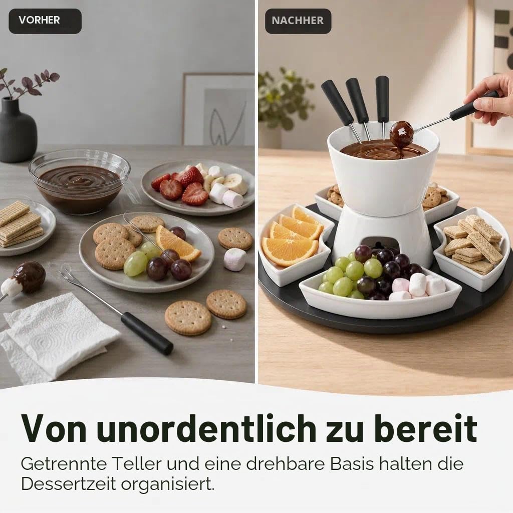 Keramik Schokofondue Set, 300ML Schokoladenfondue mit 4 Keramiktellern und 4 Gabeln, für Käse Fondue Familienessen Nachtisch Picknicks, Weiß