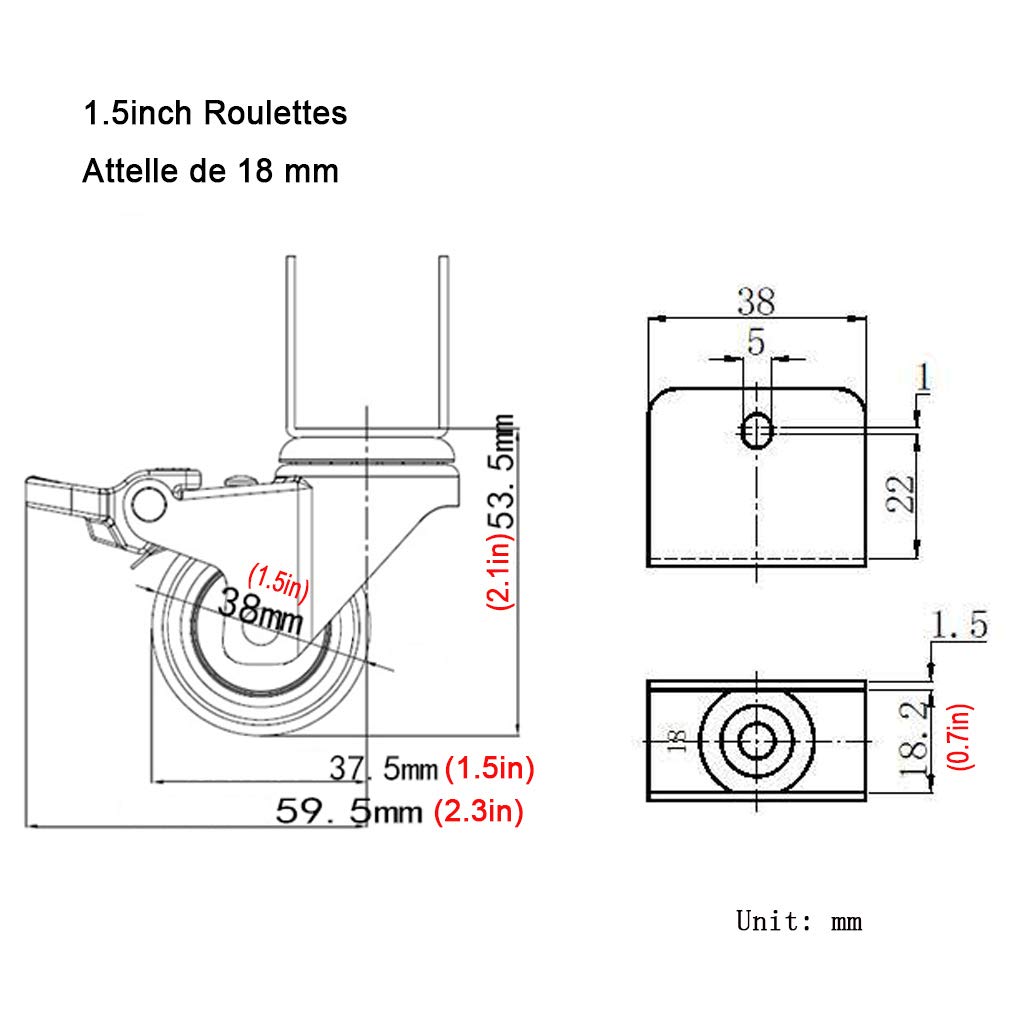 Zestaw 4 kółek skrętnych z uchwytem w kształcie litery U do mebli, łóżek dla dzieci i szafek. Nośność: 60 kg. System zamykania. Materiał: Nylon. Śruby w zestawie.