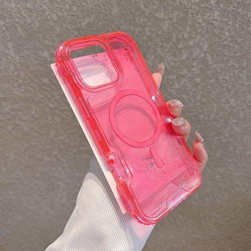 Etui na telefon 3 w 1 z brokatowym neonowym kolorem, przezroczyste, do iPhone'a 16, 16Pro Max, 15 Pro 14, 13, 12, magnetyczne, do ładowania bezprzewodowego, czerwone, do iPhone'a 12 Pro Max