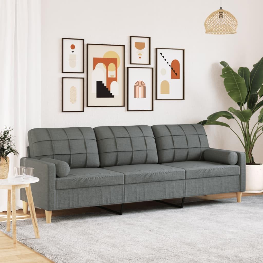 Sofa 3-osobowa, ciemnoszara, 210 cm materiał, z 2 poduszkami ozdobnymi, metalowy stelaż, wytrzymały poliester, wygodna tapicerka do salonu, nowoczesne wzornictwo