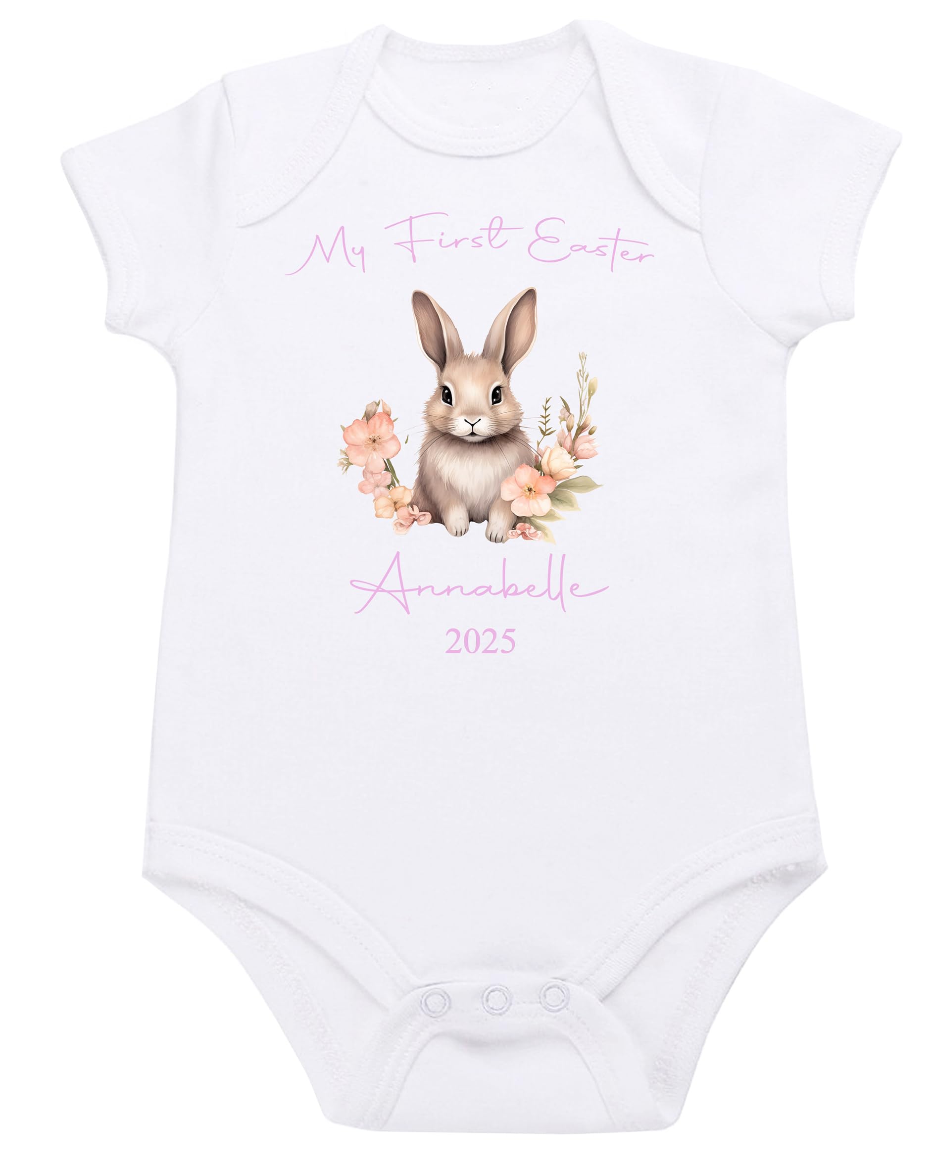 The Baby Box Uk Women's Pink 1St Easter Vest Personalised Baby Girl Easter Pyjamas Rompers Bodysuits Pink Bunny Rabbit Gift (, 6-9 Months)