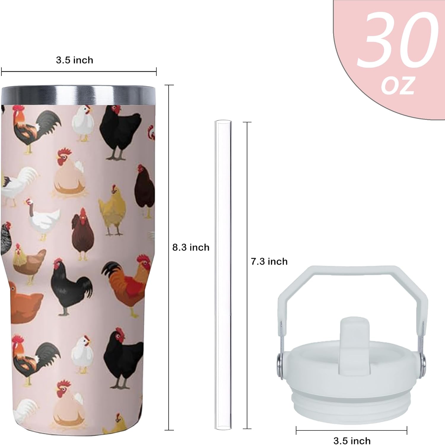 30 oz Chicken Tumbler with Handle and Flip Straw, Stainless Steel Double Insulated Cup with Lid and Straw, Travel Coffee Mug Water Bottle,Christmas Birthday Mothers Day Gifts for Women Animal Lovers - Image 2
