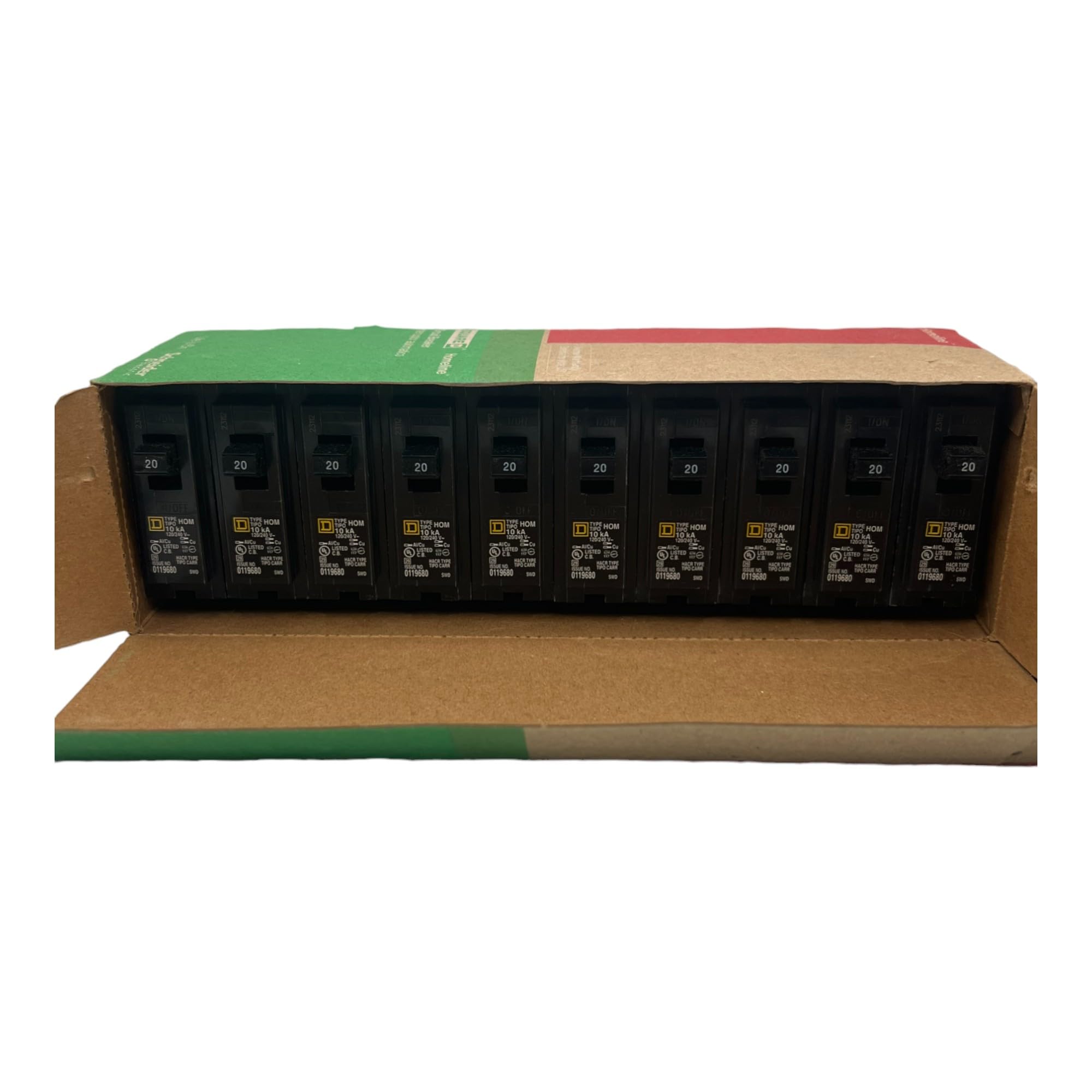 Schneider Electric HOM120 Mini Circuit Breaker, Homeline, 20A, 1 Pole, 120/240VAC, 10kA AIR, Standard Type, Plug in, UL (10 Pack)