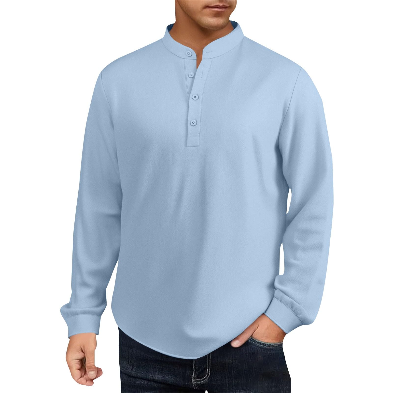 Generico Camicia Uomo Collo Alto Maniche Lunghe in Tessuto di Lino Tinta Unica, Taglio Ampio Indumento Casual per Tutte Le Occasioni