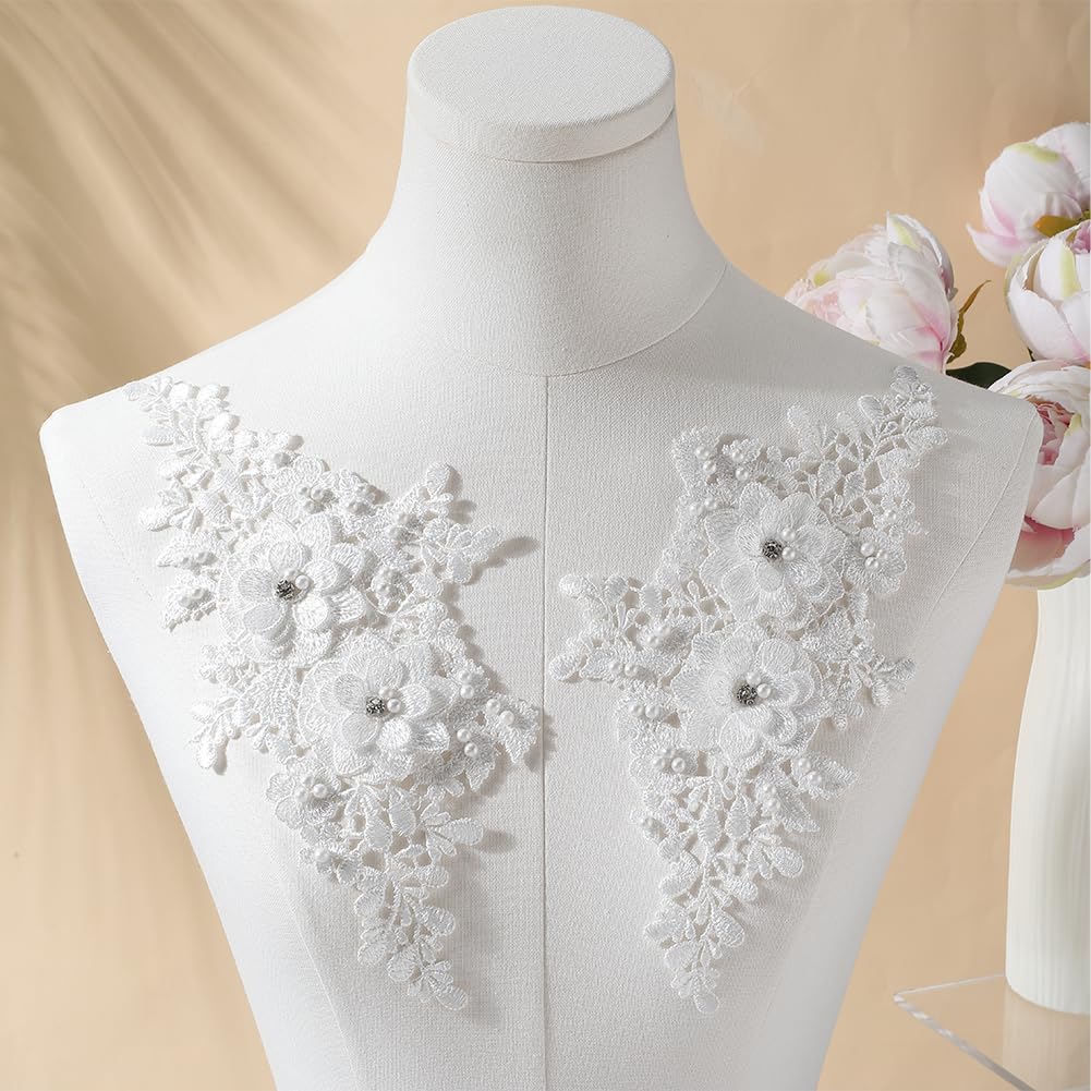 CABODYALS 4Pcs Beaded Lace Appliques White Pearl 3D Flower Crystal Applique Polyester Embroidery Floral Glitter Rhinestone Sew on Patches for Sewing Making Dresses Clothes Wedding Decor Diy Crafts - Image 4