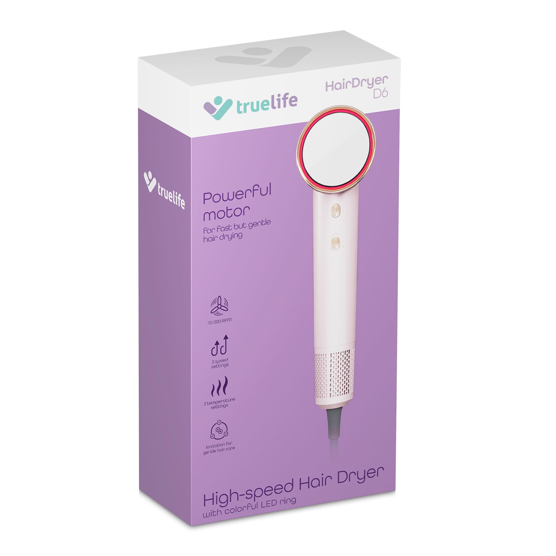 TrueLife HairDryer D6, Haartrockner mit Ionisator, Leistung bis zu 110.000 U/min, farbiger LED-Ring zur Temperaturanzeige, 3 Trockenstufen, 2 Geschwindigkeiten, Magnetaufsatz