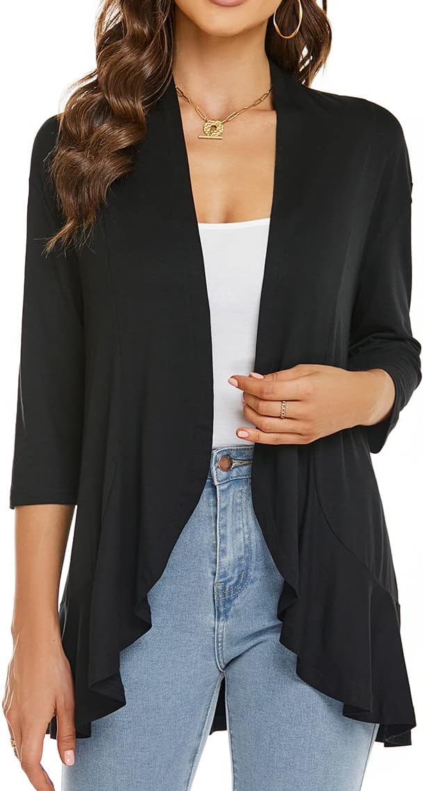 Women Autumn Cardigan Solid Color Summer Casual Lightweight Cover ups 3/4 Sleeve Open Front Draped Ruffles Spring Top - Image 5
