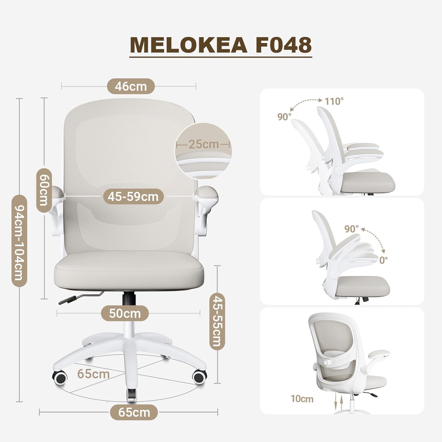 MELOKEA Schreibtischstuhl mit bionischer 4D-Lendenstütze und Klapparmlehnen | Bürostuhl Ergonomisch mit 100° hochklappbarer Armlehne, Office Chair Höhenverstellbar, Mesh Computerstuhl, Grau beige