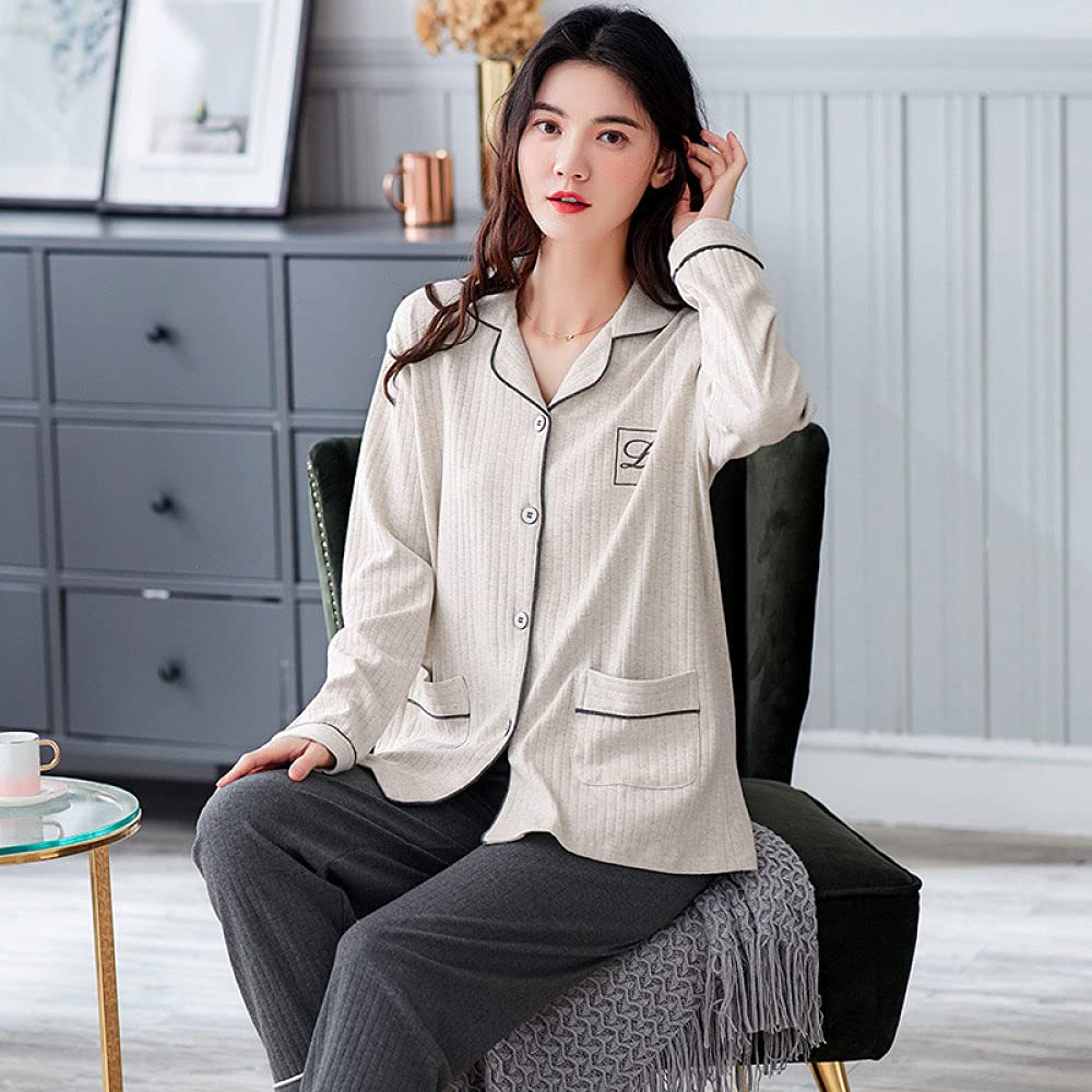 Manga Larga Pijama De Mujer De Dos Piezas,Conjunto De Pijama De Manga Larga para Mujer, Cuello Clásico con Muesca, Simplicidad, Suave Y Cómodo, Algodón, Ropa De Salón, Pijama De Otoño Invierno