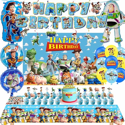Toy Cartoon Birthday Party Decorations Toy Themed Party Supplies Include Banner Cake Topper Cupcake Topper Balloons Backdrop Tablecloth