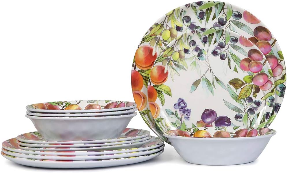 Melamine 12pcs Classic Square Dinnerware Set, Concise Plates and Bowls Set, Service for 4, Dishwasher Safe (fruit)