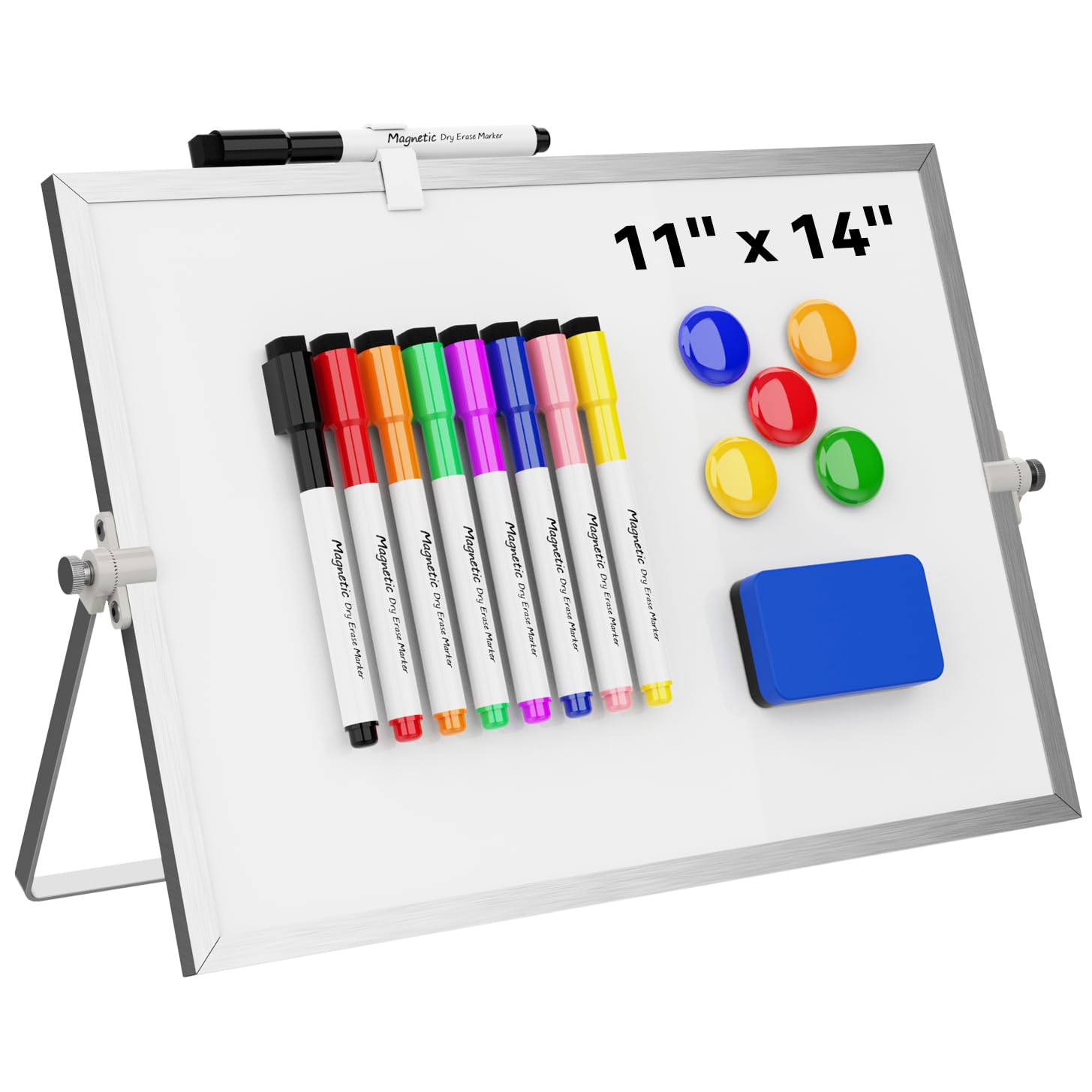 Dry Erase White Board, Cazeyoo Magnetic Desktop Whiteboard 11 x 14inch with Stand, 8 Markers, 4 Magnets and 1 Eraser, Portable Double-Sided White