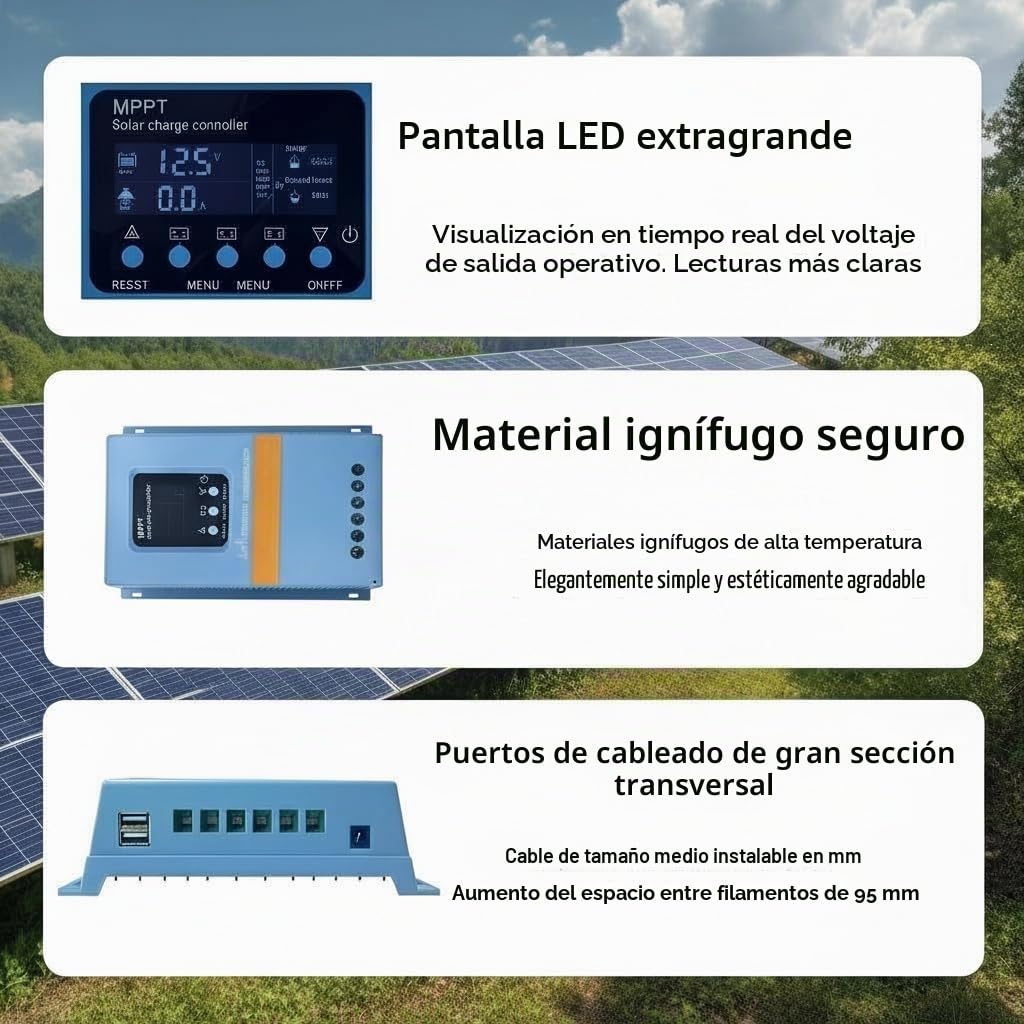 Regulador de carga solar 150A 12V 24V 36V 48V Indicador LCD de reconocimiento inteligente Regulador inteligente de batería Máx. 100V Entrada doble USB para baterías de plomo/litio