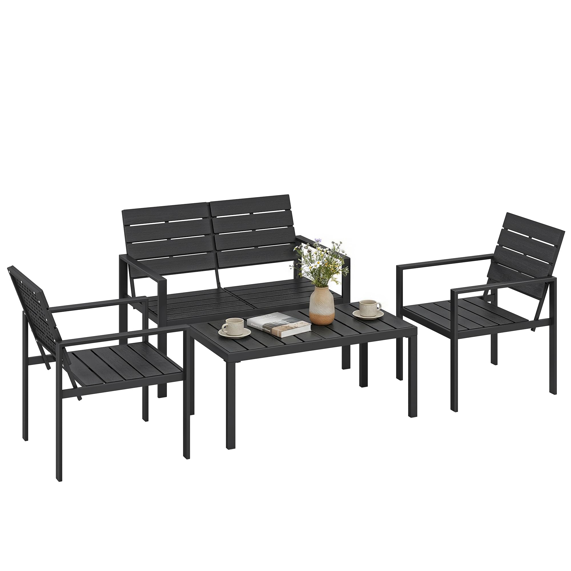Outsunny Gartenmöbel Set Sitzgruppe für 4 Personen HDPE Gartenlounge mit 2er Sofa 2 Sessel, Breitem Beistelltisch Lamellendesign, Outdoor Balkonmöbel Terrassenmöbel für Garten Balkon Schwarz