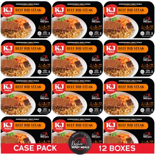 Image of KJ Poultry Kosher Ready Meals - Beef Rib Steak & Kugel, MRE Meat Meals Ready to Eat, Shabbos Food (12 Pack) Prepared Entree Fully Cooked, Shelf Stable Microwave Dinner Travel Military Camping Survival