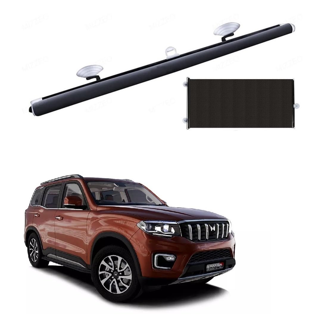 Car Front/Rear Glass Windshield Folding Roller Sunshade Self Retractable Design, Locks Sun Heat and UV Rays Protection Black Film Suitable for Mahindra Scorpio N 2022-picture-11