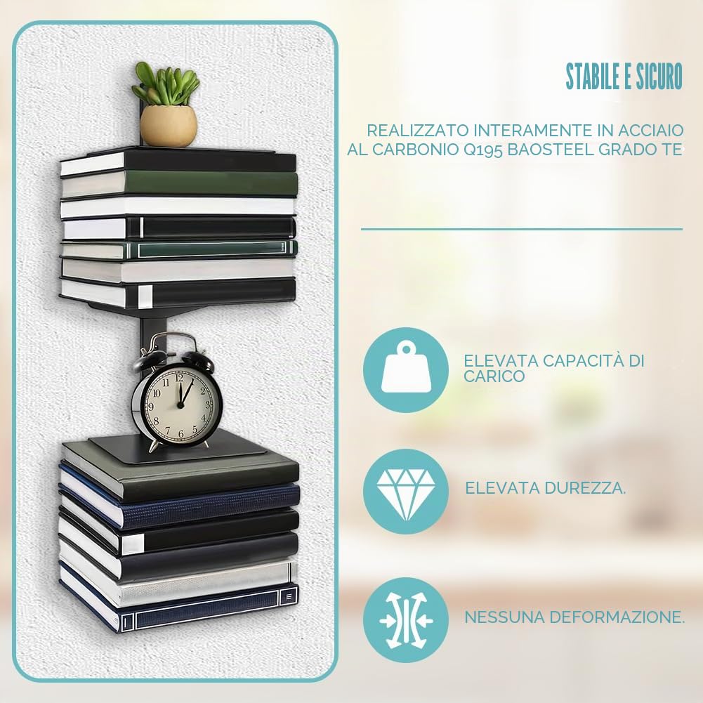 Set di 2 librerie sospese, invisibili, da parete, a 4 piani, in metallo, portata 12 kg per livello, nero