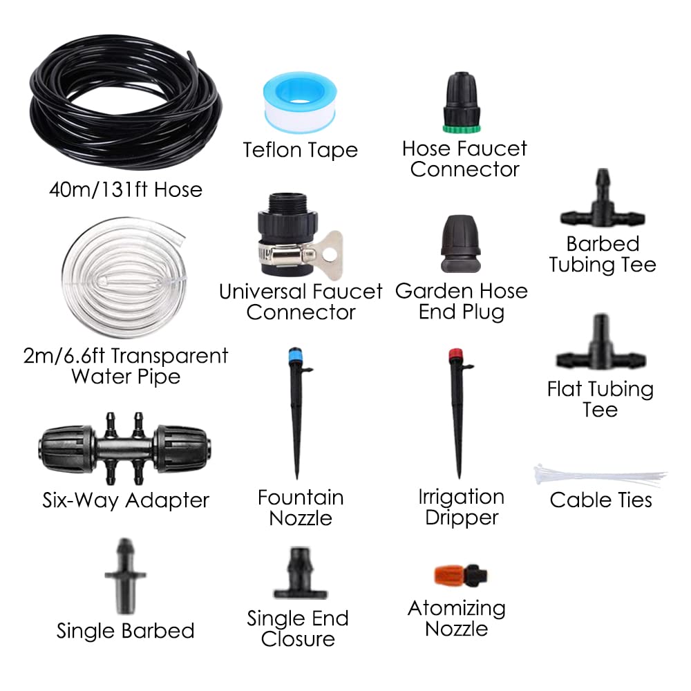 Drip Irrigation Kit, 131FT/40M Garden Irrigation System, Automatic Irrigation System with Adjustable Nozzle Sprinkler Sprayer Nozzle for Plant Greenhouse Lawn