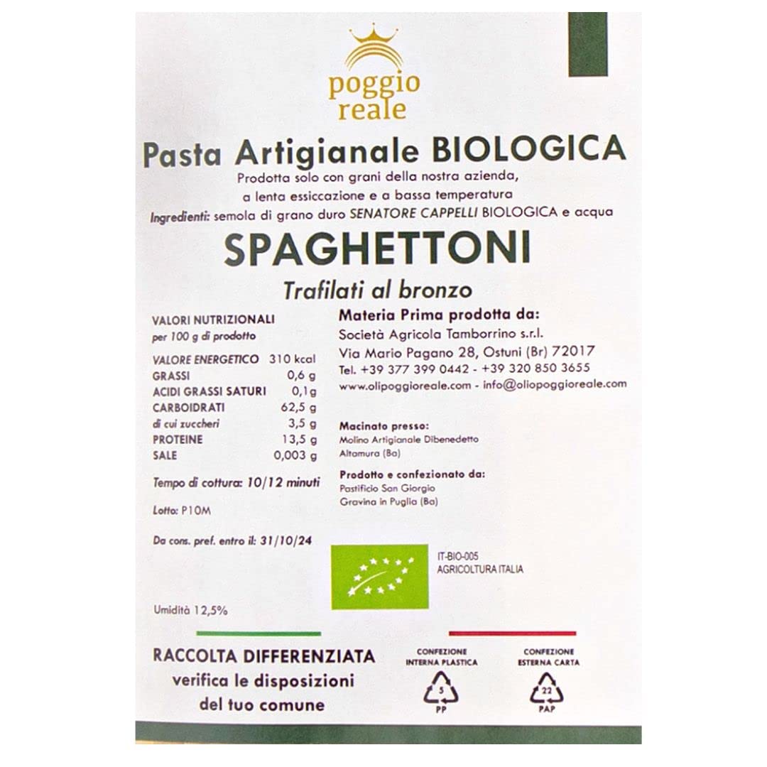 Poggio Reale Spaghettoni Spaghetti Artigianali Pasta Semola Grano Duro Senatore Cappelli Agricoltura Biologica Tradizionale 10 Pezzi da Grammi 500