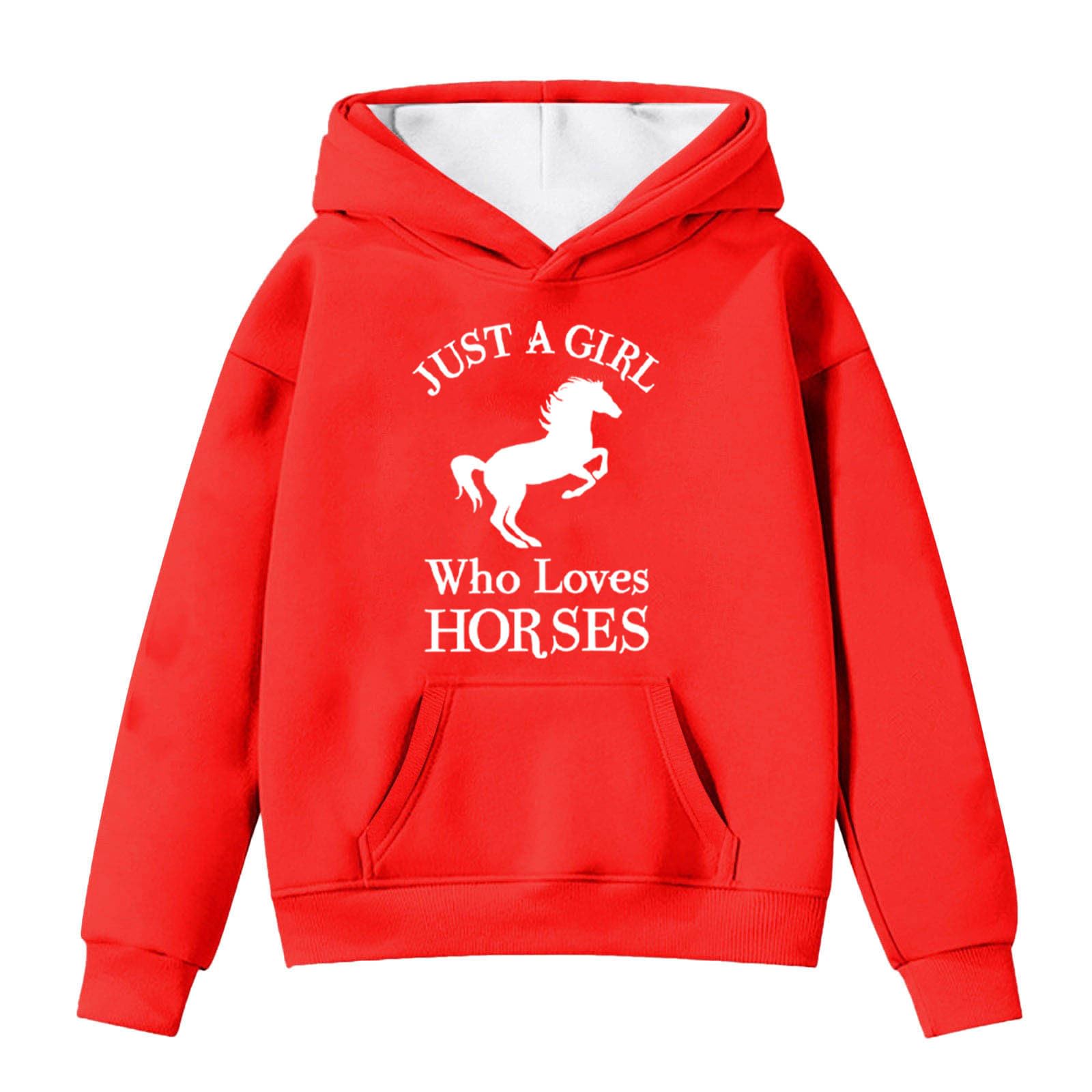 Generisch Meisjes Hoodies & Sweatshirts Winter Warme Fleece Trui met Zak Leuke Paardenprint Casual Lange Mouwen Hoodie voor Kinderen, roze, 8-9 Jaar